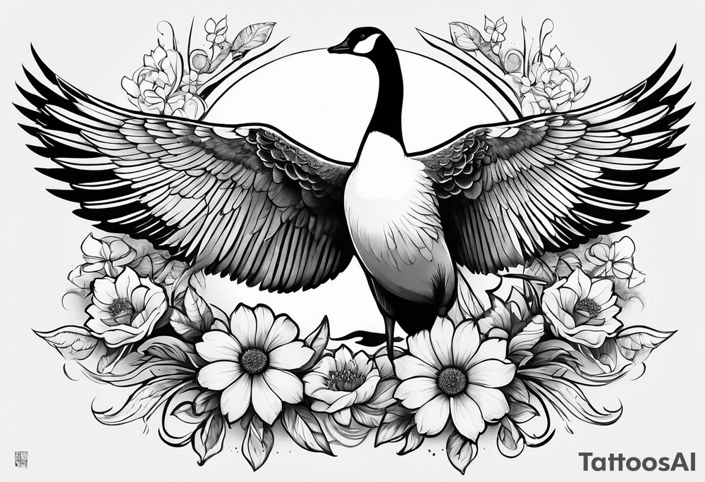 canadian goose spread wings with flowers side tattoo idea