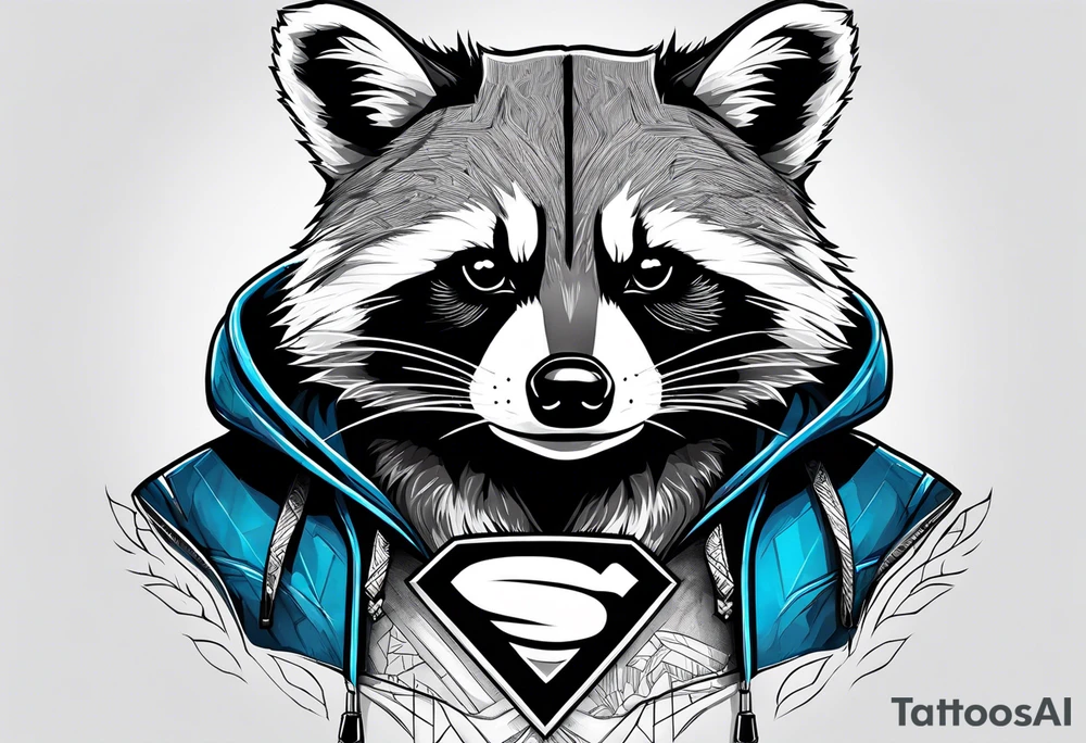 raccoon wearing a Superman hoodie tattoo idea