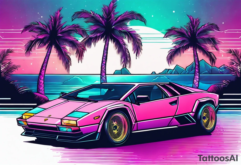 Synthwave tattoo with palm trees and an old lamborghini driving. tattoo idea