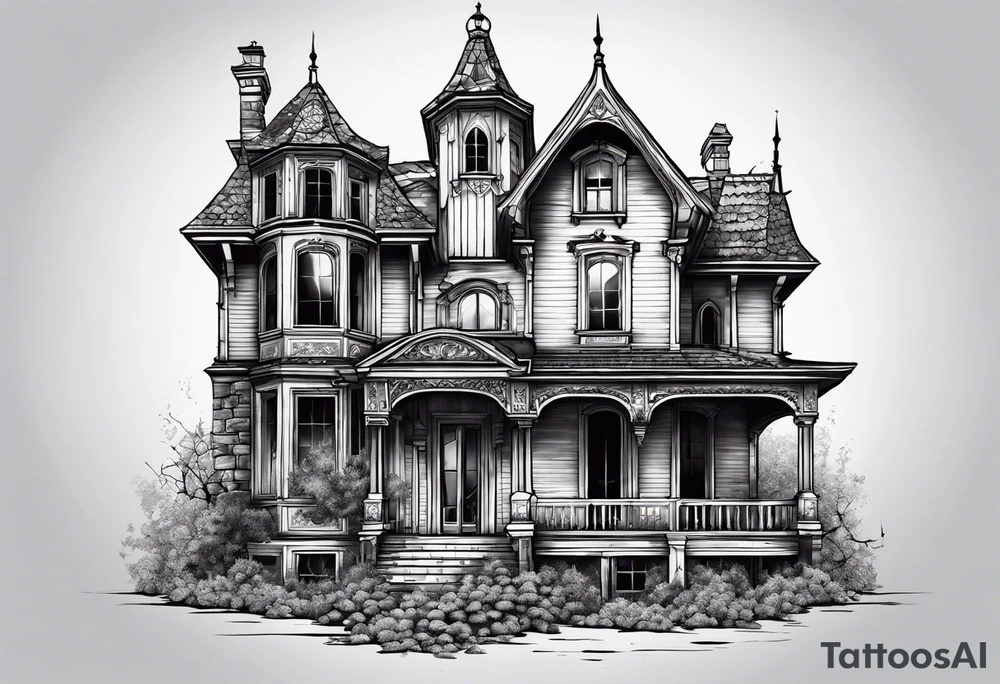 abandoned old gotic house, broken sword, roses, тату рукав tattoo idea