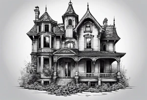 abandoned old gotic house, broken sword, roses, тату рукав tattoo idea