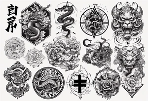 I want chest tattoo for men in japanese style . Tattoo may include some symbols from these themes : gemini , snake,compas,travel, born 1989, thailand, ukraine , listen tattoo idea