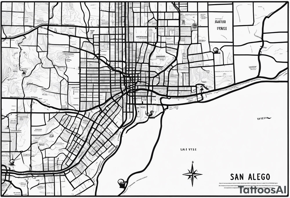 Draw a Streetmap with only one road from San Francisco to San Diego via Yosemite Park, Death Valley, Las Vegas, Grand Canyon, Joshua Tree and Los Angeles. DO it only in Black and White and in a minimalistic Style. tattoo idea