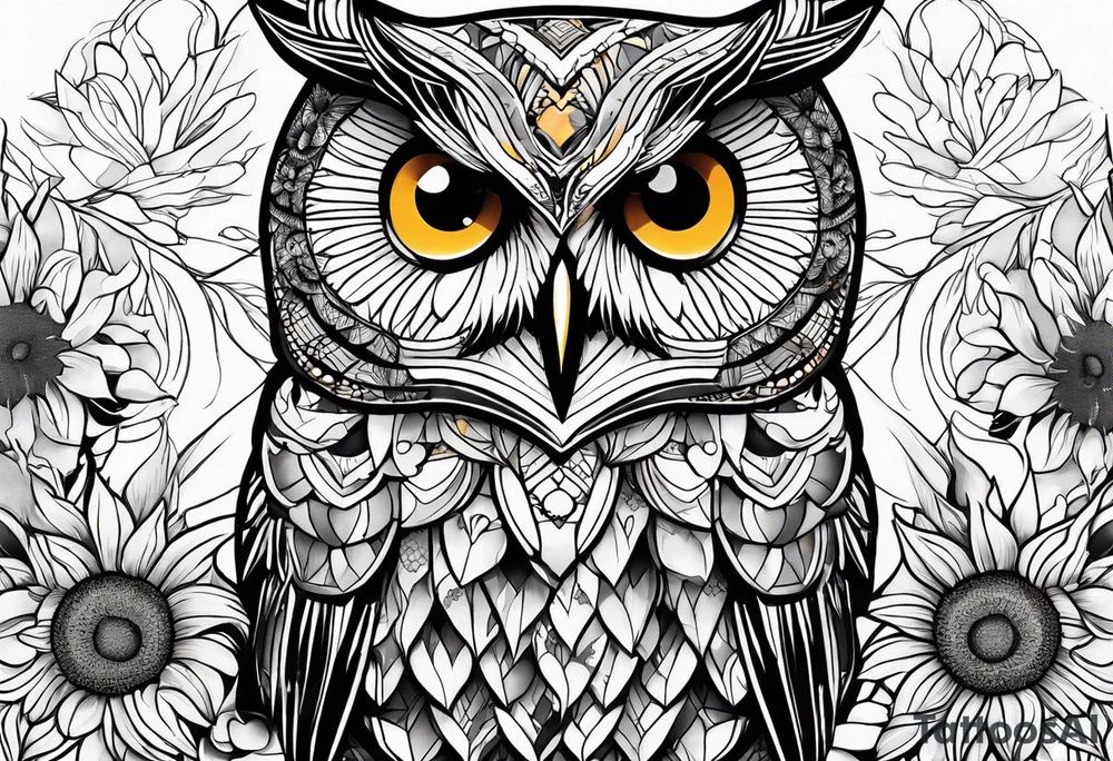 Owl and sunflower sleeve tattoo idea