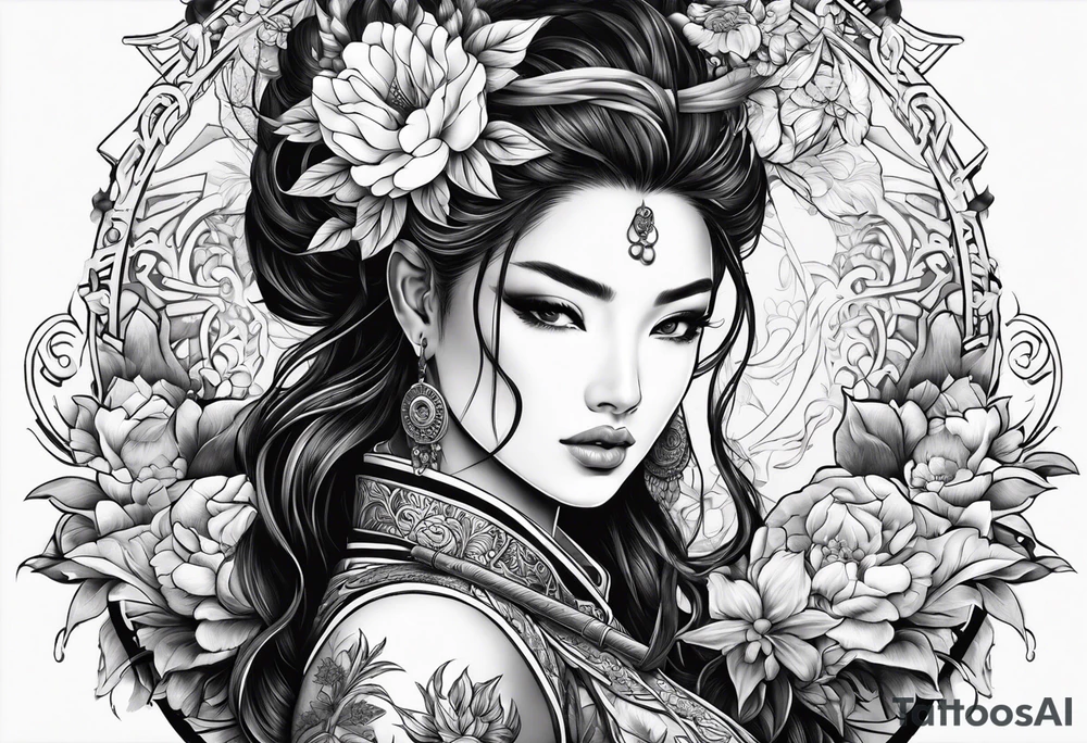 ornate beautiful woman warrior with weapon & floral surrounding tattoo tattoo idea