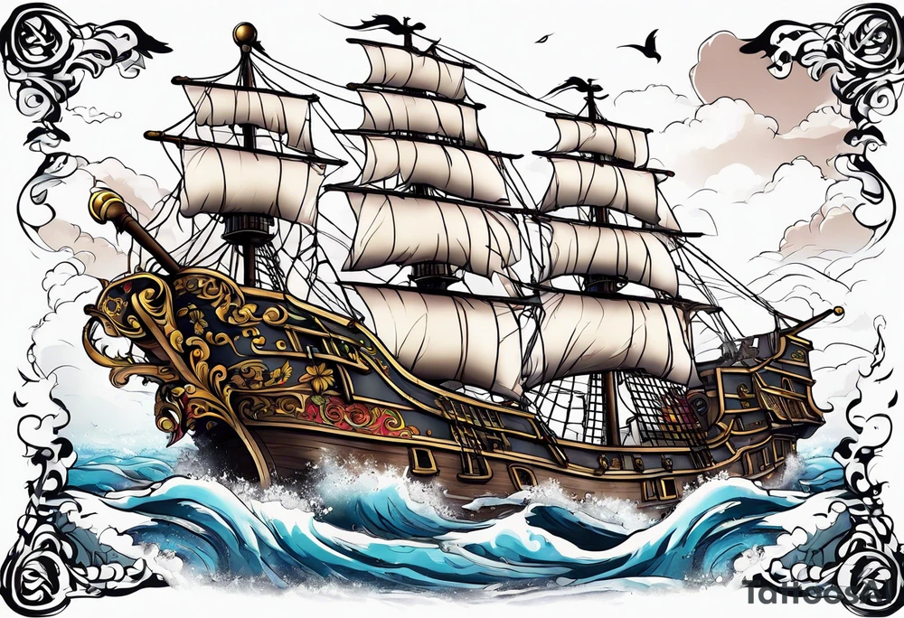 Ship pirate, flower, animal tattoo idea