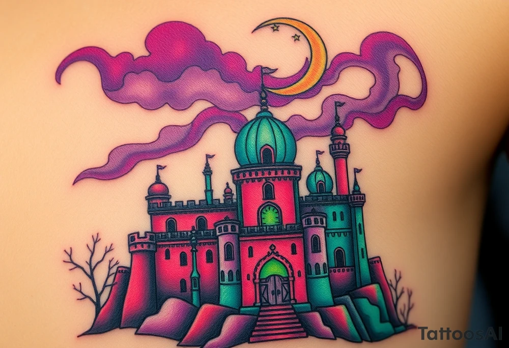 Tim Burton’s haunted Arabian castle is abandoned and dripping with muted reds, dusty pinks, and eerie green glow.purple and cyan smokey clouds swirl in the crescent moonlit sky thats sprinkled with stars tattoo idea tattoo idea