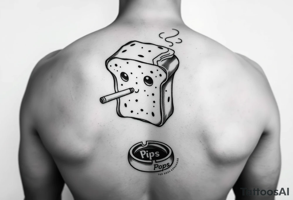 A loaf of bread smoking a cigarette with a ashtray  and pops written tattoo idea