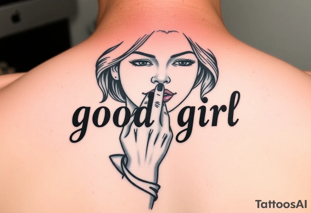 Obedient woman with a man’s hand squeezing her face and thumb in her mouth. Text saying “good girl” in traditional style over top tattoo idea