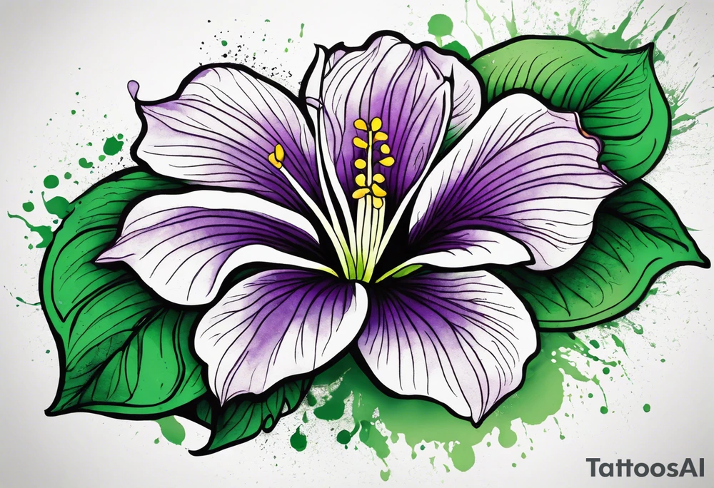 An outline of a rio dipladenia flower with green/purple pedals and a green/purple watercolor splash in the background tattoo idea