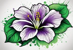 An outline of a rio dipladenia flower with green/purple pedals and a green/purple watercolor splash in the background tattoo idea