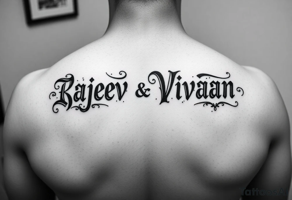 Merge Rajeev and Vivaan names together so that one side reads as Rajeev  and another side as vivaan tattoo idea