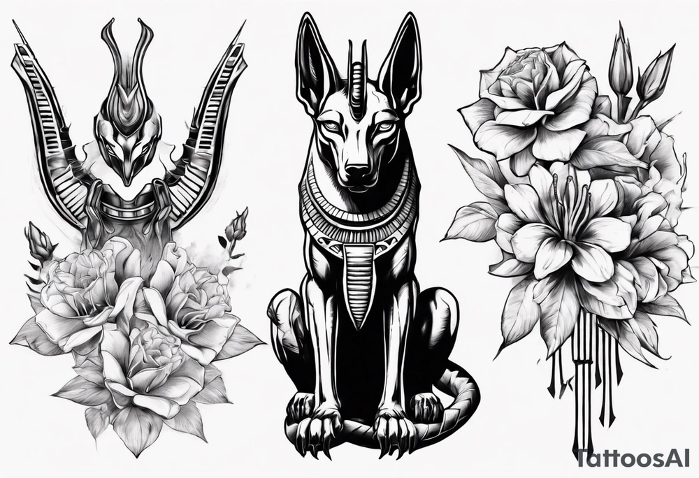Egyptian god Anubis with Cobras and flowers tattoo idea