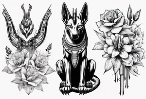 Egyptian god Anubis with Cobras and flowers tattoo idea