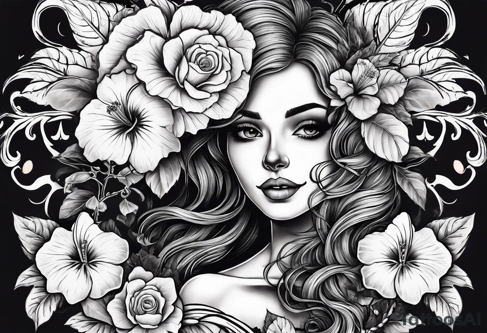 female skeleton with hibiscus flower tattoo idea