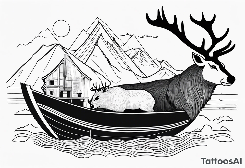 A badger and reindeer on an ark outlined by the map of Mallorca tattoo idea