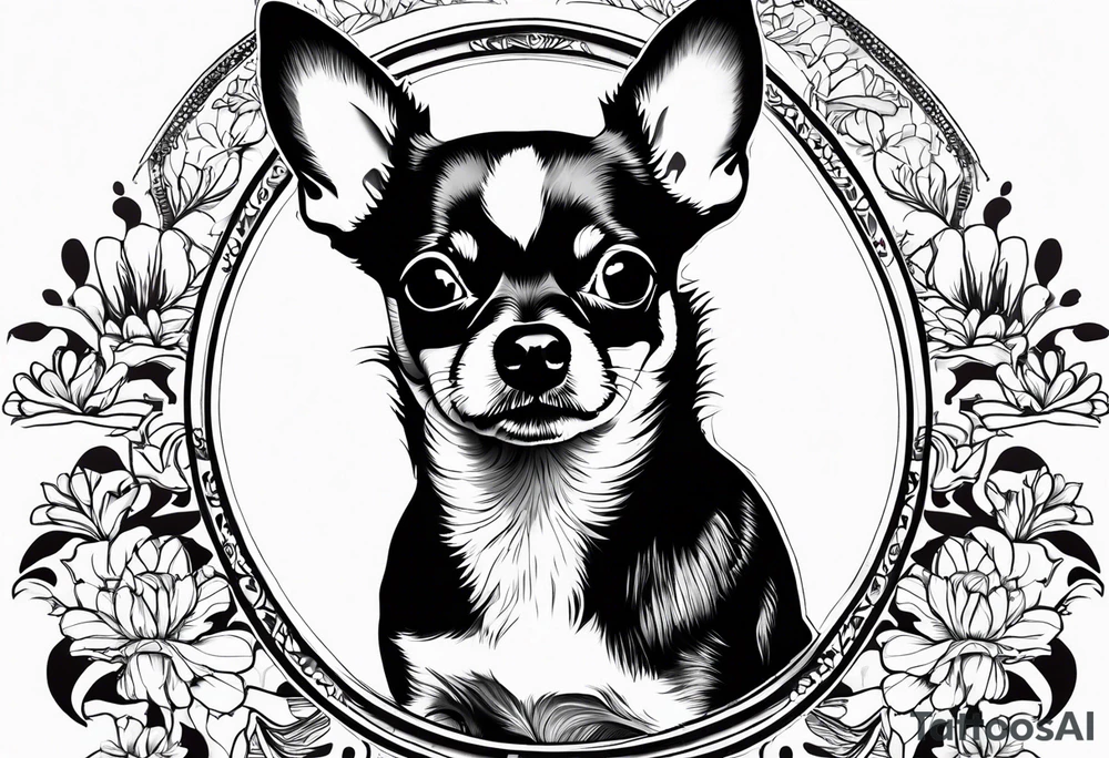 Portrait of chihuahua dog with paw print and phrase “loving you changed my life, losing you did the same.” tattoo idea
