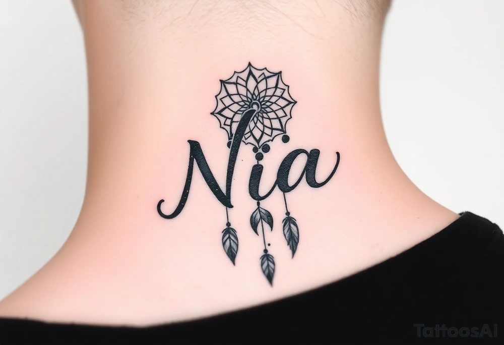 Name Nia in a dreamcatcher faded letters tattoo idea