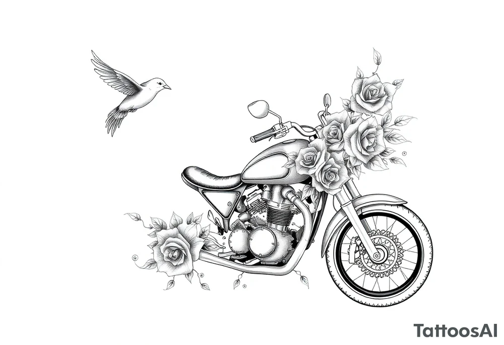 Motorcycle with a red bird flying with roses and lace with flames tattoo idea