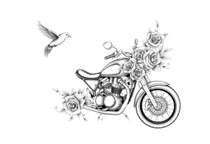 Motorcycle with a red bird flying with roses and lace with flames tattoo idea