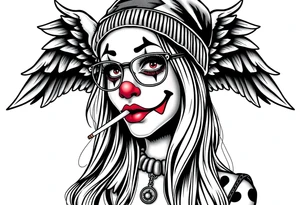 beautiful long hair pin up Clown face Girl payasa  thug beanie eyeglasses  angelic wings smoking a cigarette tattoo idea