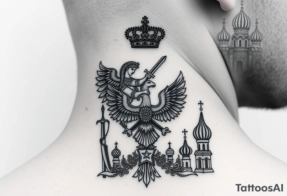 St. George slaying the dragon (hugely common in Russian Orthodox art)
Russian imperial crown above the eagle
Crossed swords or a Russian sabre
The Kremlin or St. Basil's Cathedral scene tattoo idea