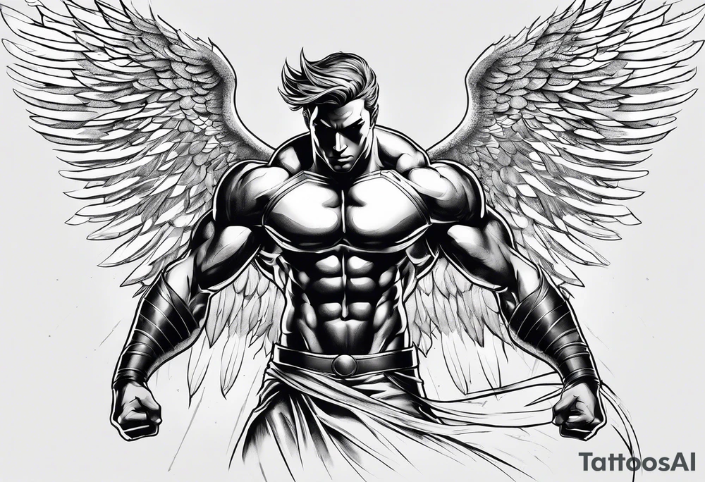 Angel in the pose of a superhero landing tattoo idea