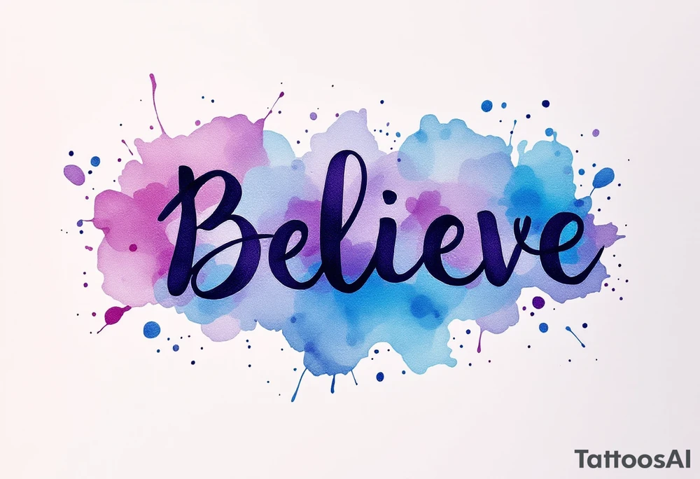 "Believe" in deep purple with a watercolor splash of blue and pink behind it, symbolizing creativity and the power of imagination. tattoo idea