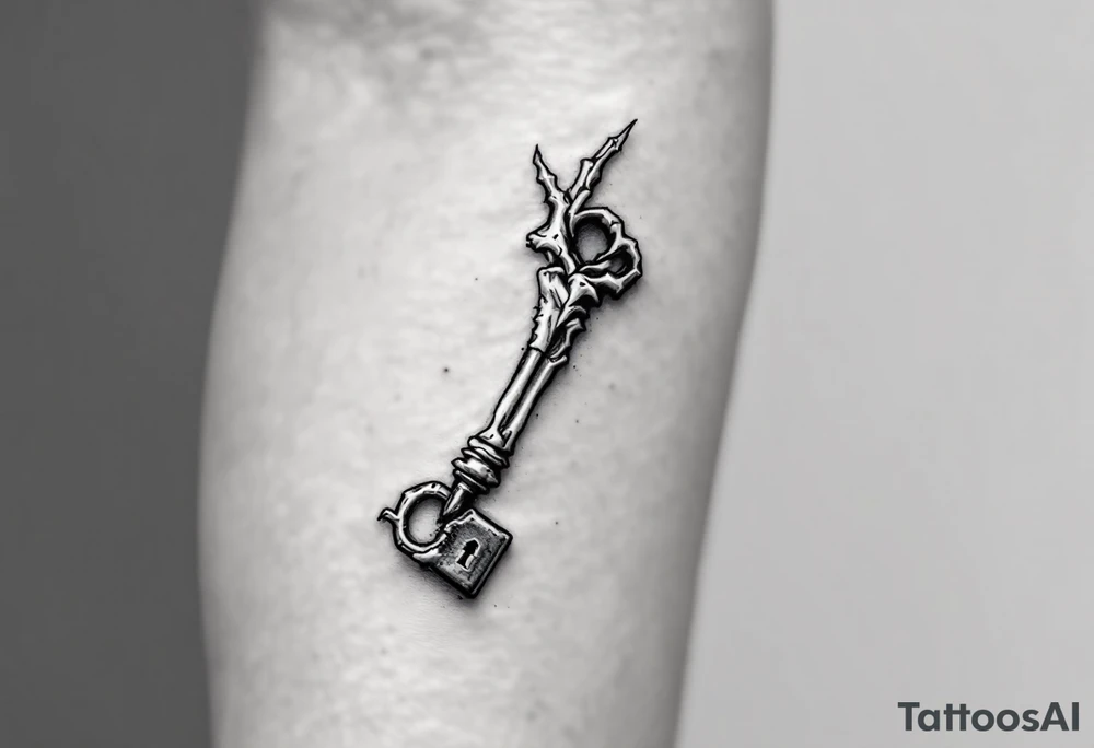Key is carved from a skeletal finger bone and the lock placed next to it. The style is fine line with soft shading in muted gray and bone white, accented with light shadowing and subtle black ink details to give it a haunting yet elegant vibe. tattoo idea