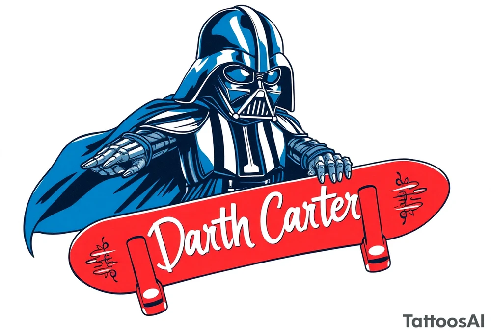Darth Vader skateboarding >
blue & red
skateboard say "Darth Carter"
12/29/88-01/06/24 tattoo idea
