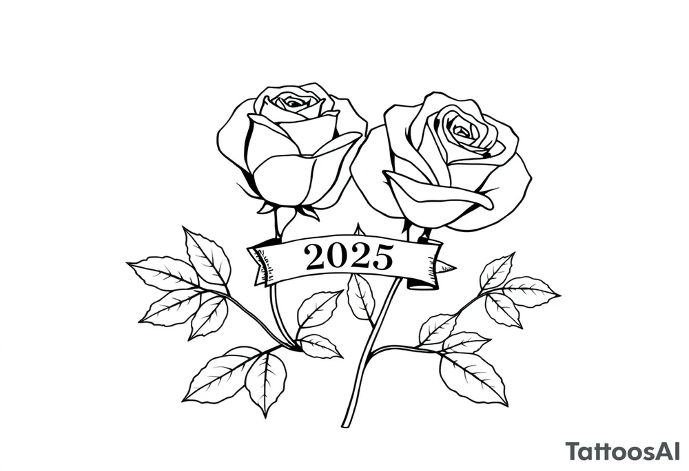 two beautiful large rose buds, one larger than the other, with many leaves next to the rose buds, with one sitting higher than the other. Include a banner connecting the two roses with the year 2025 on it.   Use dark outlines with little shading. The two stems should be short, not long, and connect and join into one stem, whimsically curved or twisted - not straight down. tattoo idea