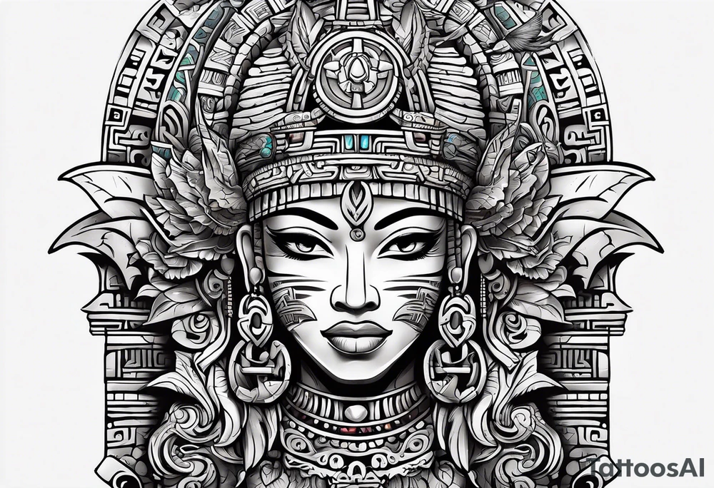 Mayan hieroglyph face with caves and bats tattoo idea