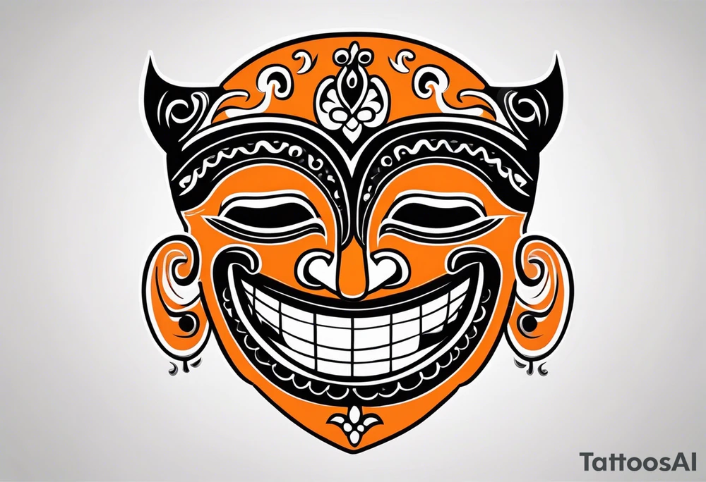 Laughing Mexican mask that is orange and black simplistic tattoo idea