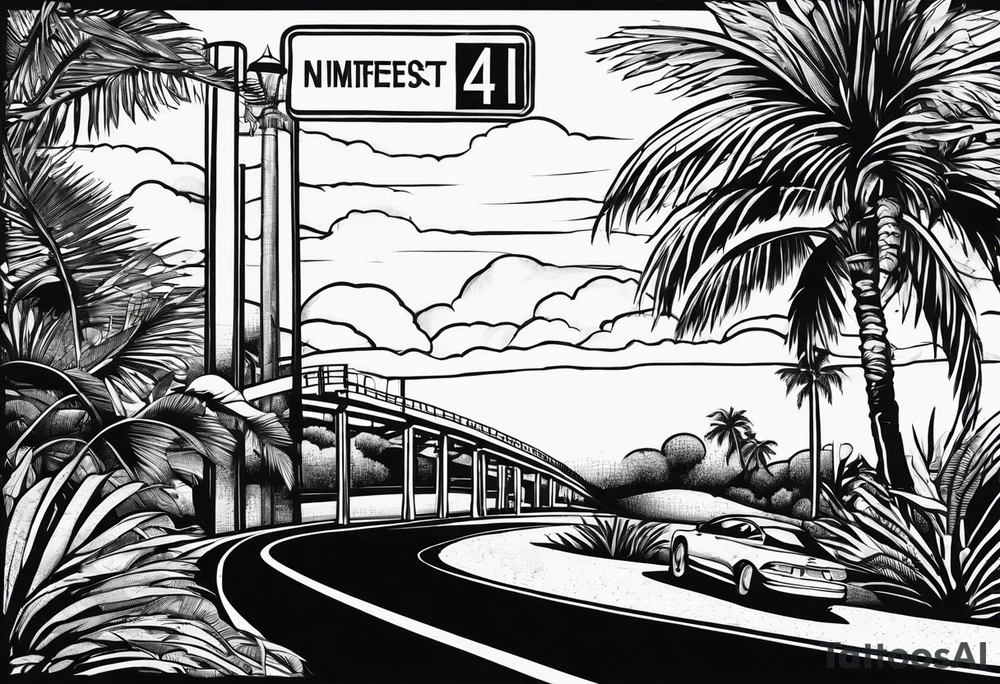 florida palm tree with interstate 4 sign and a tropical background tattoo idea