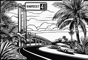 florida palm tree with interstate 4 sign and a tropical background tattoo idea