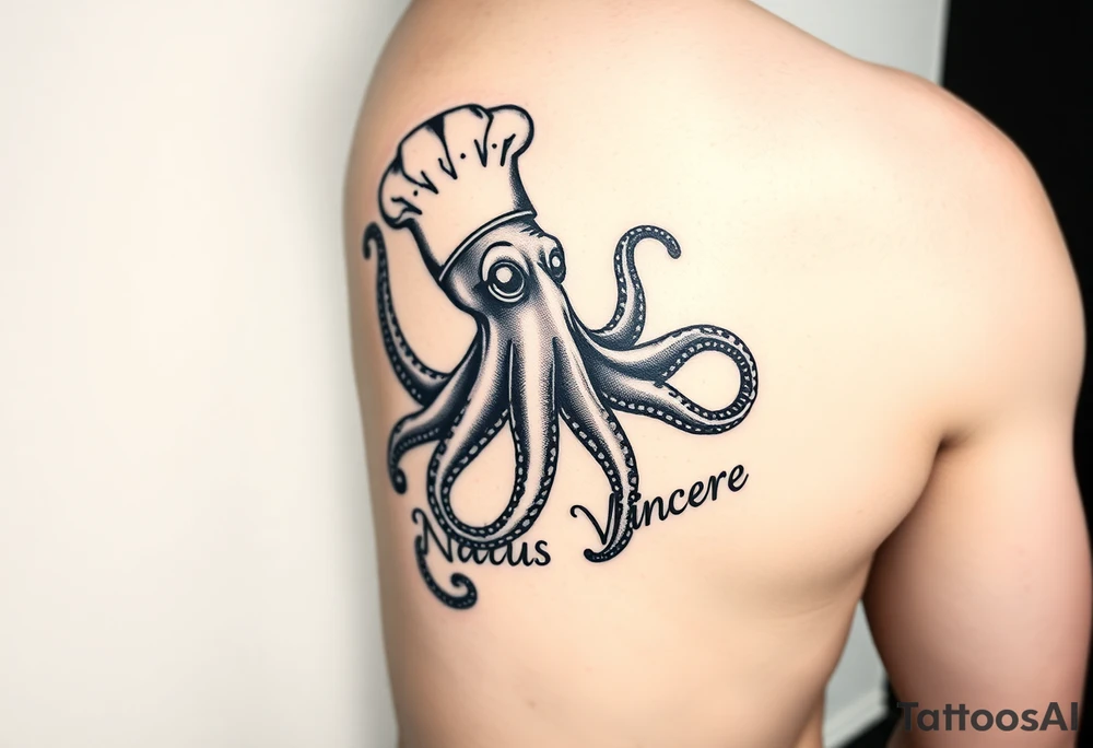 An octopus on the right calf with the Latin phrase Natus Vincere; the tattoo has to be very realistic and the octopus must be wearing a chef's hat. tattoo idea