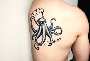 An octopus on the right calf with the Latin phrase Natus Vincere; the tattoo has to be very realistic and the octopus must be wearing a chef's hat. tattoo idea