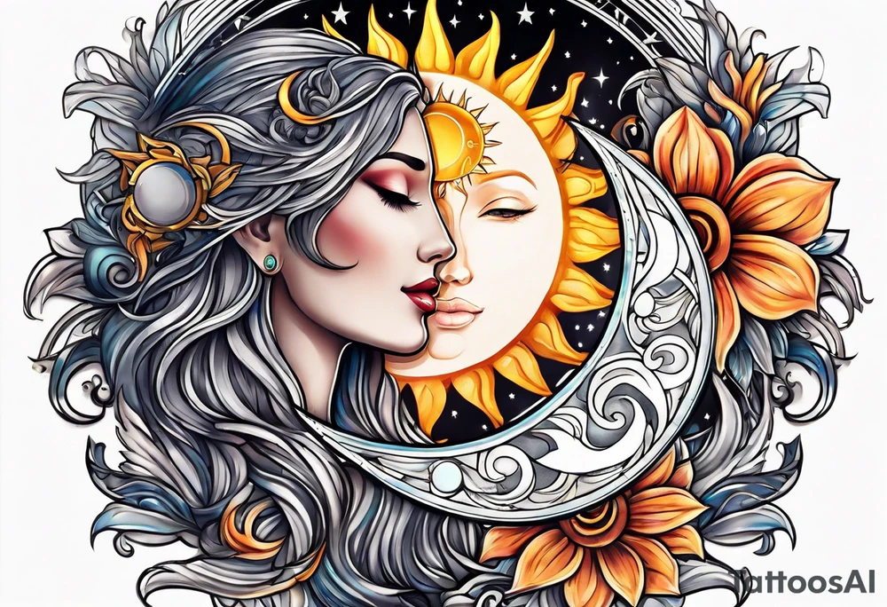 Twin flame with moon and sun tattoo idea