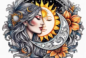 Twin flame with moon and sun tattoo idea
