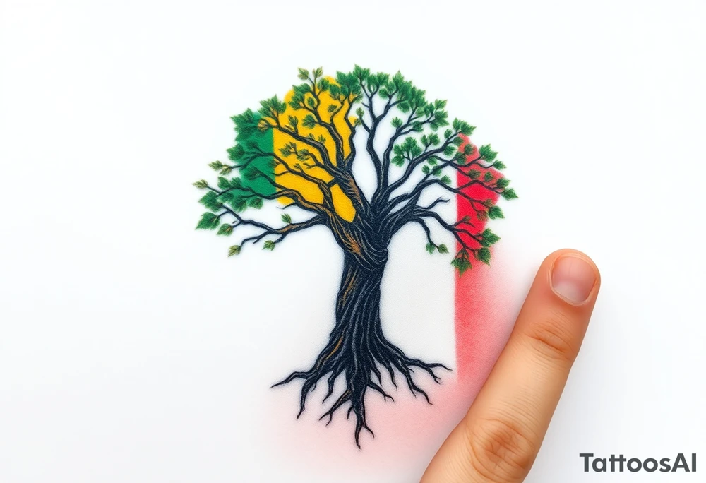 Vibrant tree of life Jamaican colours one half and Irish colours one half in background of tree tattoo idea