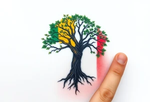 Vibrant tree of life Jamaican colours one half and Irish colours one half in background of tree tattoo idea