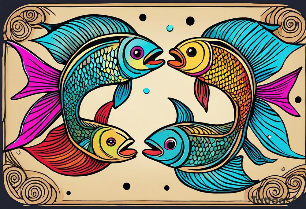 Beautiful coy pisces fish swimming in opposite directions but weighed on the scale of a Libra scale that's balanced out and made of tittered wood fish one pieces fish one on each scale where as the pieces is balancing out the scale of libra tattoo idea
