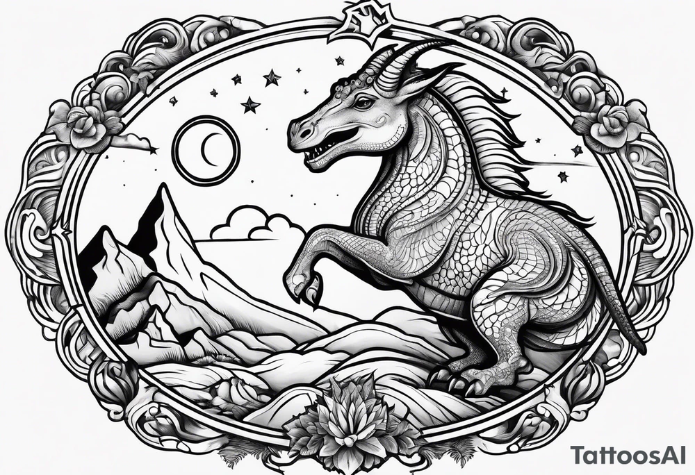 Capricorn star sign with a little dinosaur tattoo idea