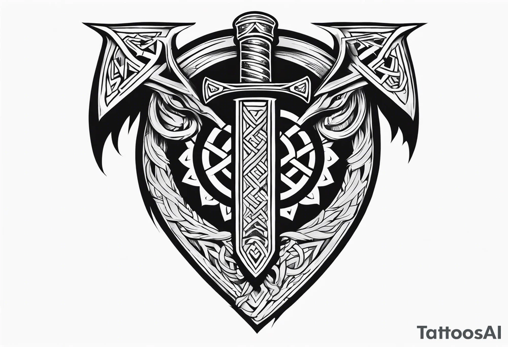 Valhalla sword shield axe Valknut fog tattoo idea