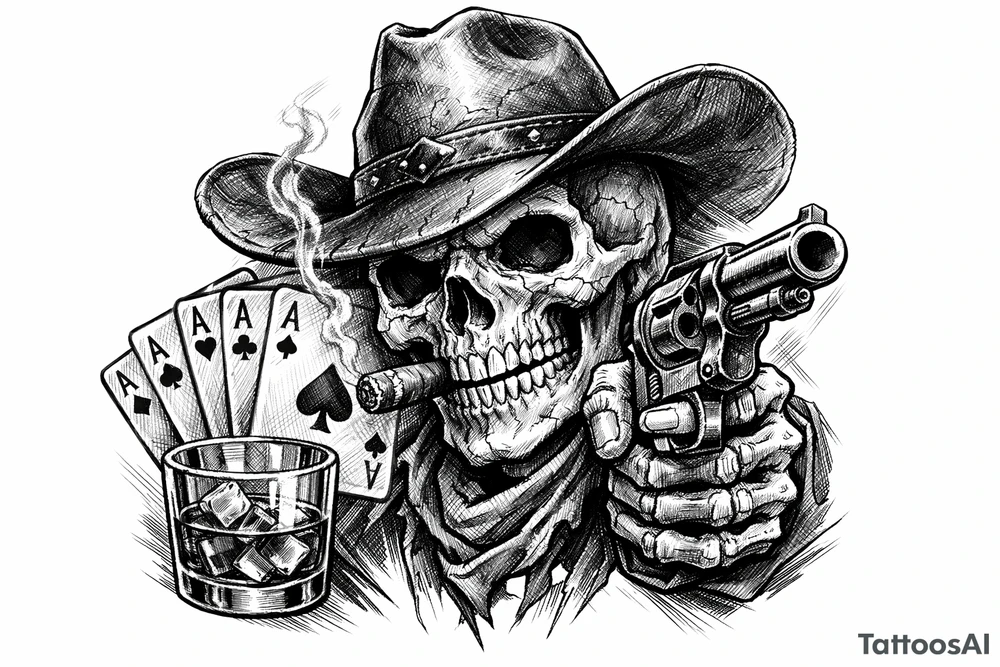 skull with cowboy-hat, cigar in his mouth, a gun in a hand, playing cards, whiskey-glass. tattoo idea