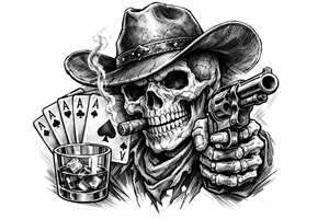 skull with cowboy-hat, cigar in his mouth, a gun in a hand, playing cards, whiskey-glass. tattoo idea