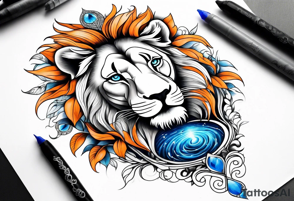 Lion tattoo with blue eyes, Orange tree of life with a stream leading to waterfall tattoo idea