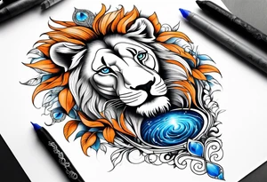 Lion tattoo with blue eyes, Orange tree of life with a stream leading to waterfall tattoo idea