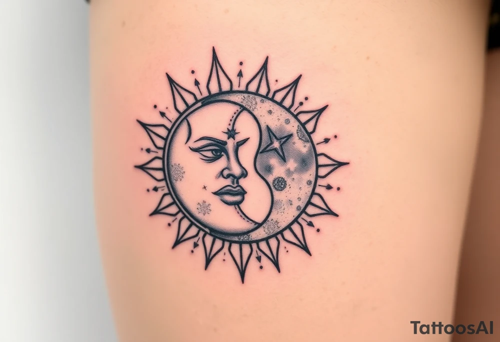 celestial sun and moon embrace with constellation patterns tattoo idea