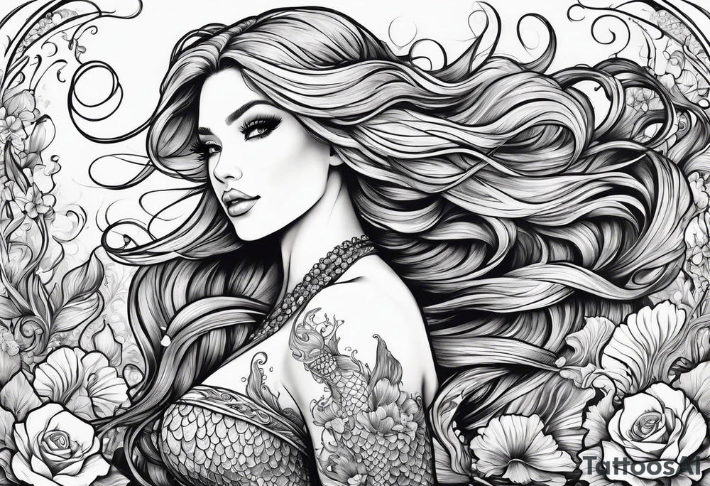 sexy full bodied mermaid with flowing tail and hair, tattoo sleeve tattoo idea